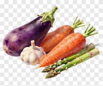 Fresh Vegetables Including Eggplant, Carrots, And Asparagus PNG