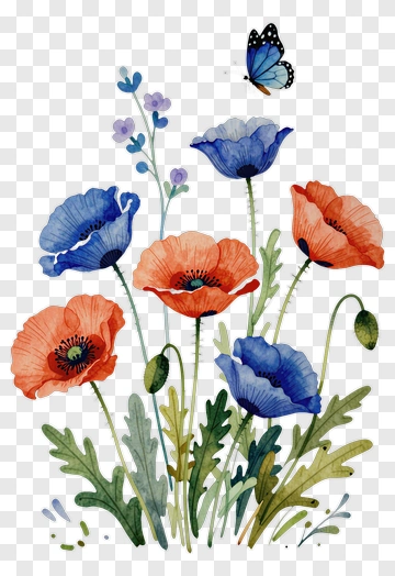 Watercolor Poppy Flowers With Butterfly PNG