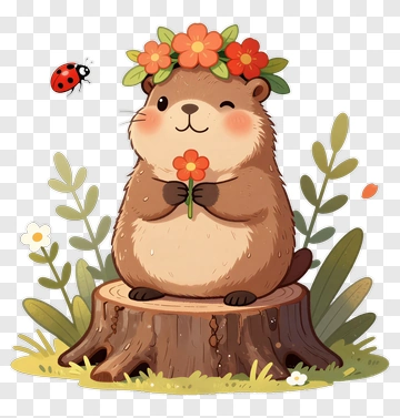 Cute Groundhog Holding A Flower On A Tree Stump PNG