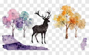 Watercolor Deer Surrounded By Colorful Trees PNG