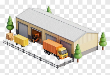 3D Warehouse With Trucks And Trees PNG