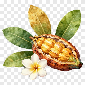 Cocoa Pod With Leaves And Flower PNG