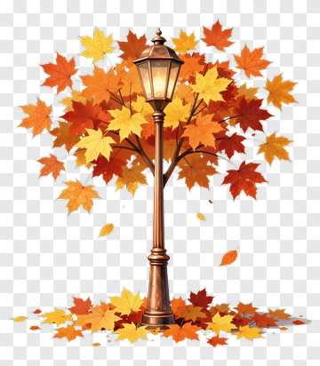 Autumn Street Lamp Surrounded By Colorful Leaves PNG
