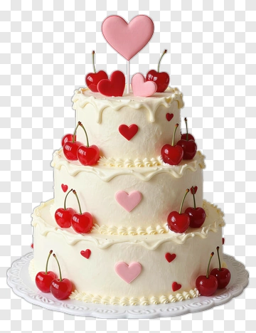 Three-Tiered Cake With Cherry And Heart Decorations PNG