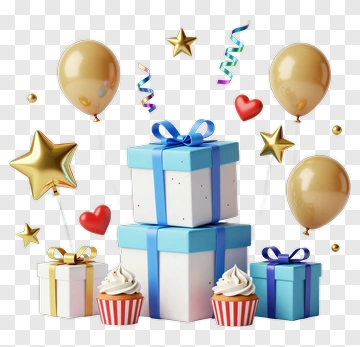 Colorful Birthday Gift Boxes With Balloons And Decorations PNG