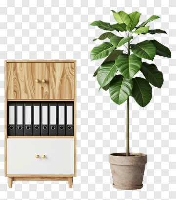 Modern Office Cabinet With Folders And Potted Plant PNG