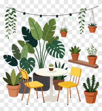 Cozy Indoor Plant Arrangement With Table And Chairs PNG