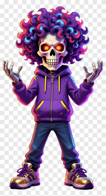 Cartoon Skeleton With Colorful Hair PNG