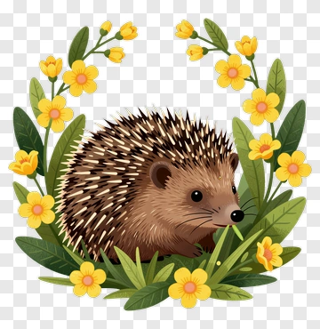 Cartoon Hedgehog Surrounded By Flowers PNG