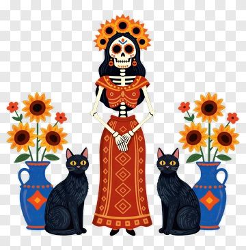Skeleton Woman With Sunflowers And Black Cats PNG