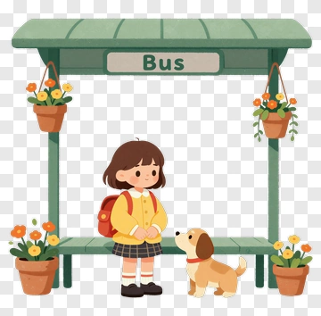 Girl At A Bus Stop With A Dog PNG