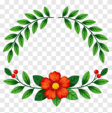 Floral Wreath With Red Flower And Green Leaves PNG
