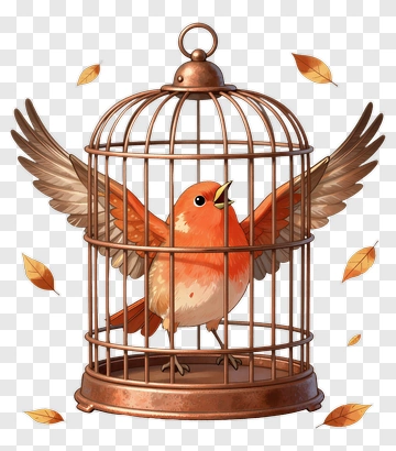 Cartoon Bird In A Cage With Falling Leaves PNG