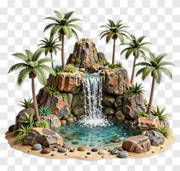 Waterfall With Rocks And Palm Trees PNG
