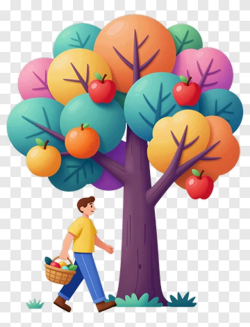 Cartoon Farmer Walking With A Basket Under A Colorful Tree PNG