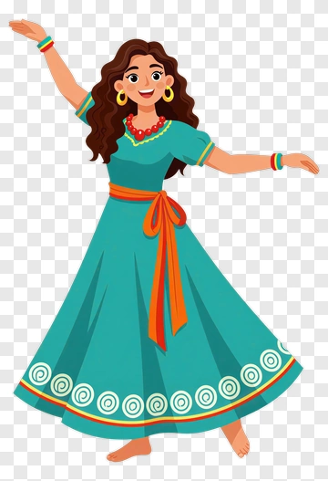 Cartoon Woman Dancing In A Colorful Dress PNG