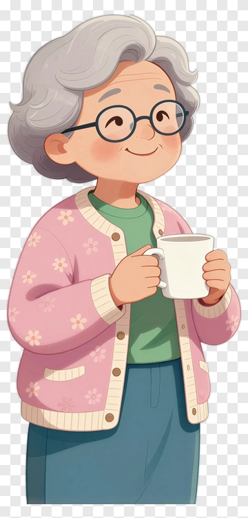 Cartoon Grandmother Holding A Cup PNG