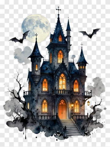Haunted House With Bats And Full Moon PNG