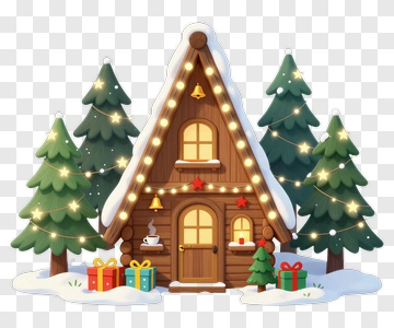 Christmas Cabin Surrounded By Snowy Trees PNG