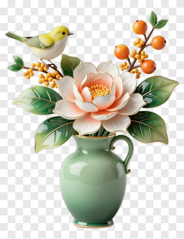 Flower Vase With Bird And Berries PNG
