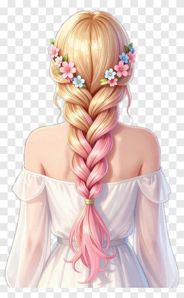 Girl With Long Braided Hair And Floral Accessories PNG