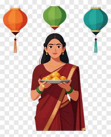 Woman In Traditional Saree Holding A Plate Of Sweets PNG
