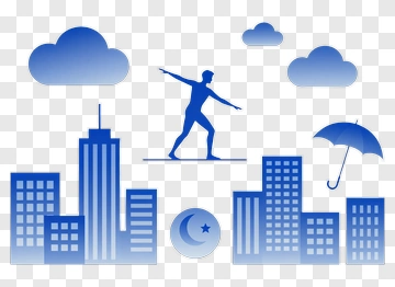 Silhouette Of A Man Balancing On A Tightrope Above A Cityscape PNG