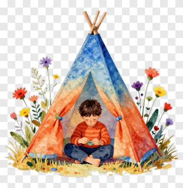 Boy Sitting Inside A Colorful Tent PNG
