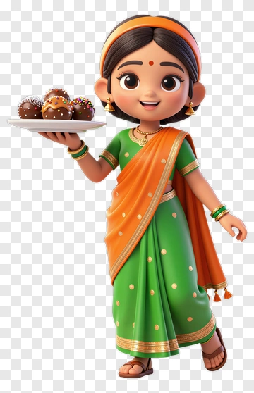 Cartoon Girl In Traditional Dress Holding A Plate Of Sweets PNG