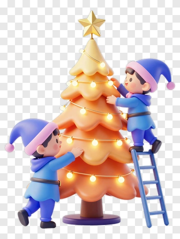 3D Children Decorating A Christmas Tree PNG