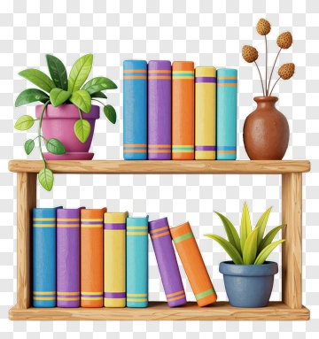Colorful Bookshelf With Plants And Decorative Items PNG
