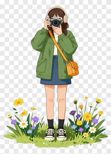 Girl Taking Photos In A Flower Garden PNG