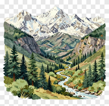 Mountain Landscape With River And Pine Trees PNG
