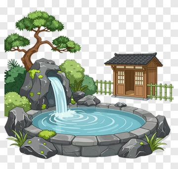 Serene Garden With Waterfall And Traditional Hut PNG