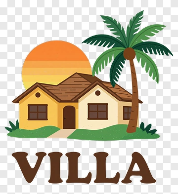 Colorful Villa With Palm Trees And Sunset PNG