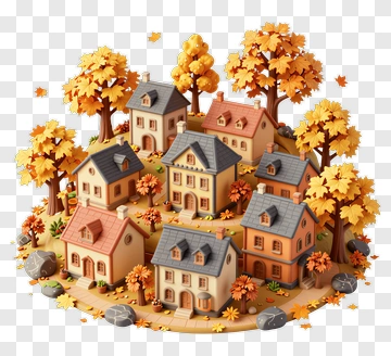 Colorful Autumn Village With Houses And Trees PNG