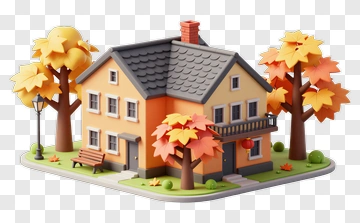 3D House Surrounded By Colorful Trees PNG