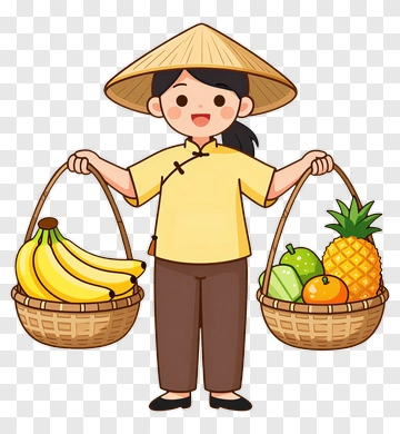 Cartoon Fruit Vendor Holding Baskets Of Bananas And Pineapples PNG