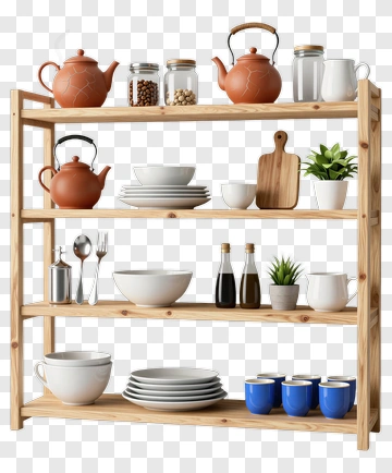 Wooden Shelf With Kitchenware And Plants PNG