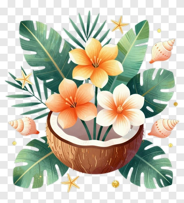 Coconut Bowl With Tropical Flowers And Leaves PNG