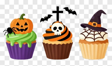 Halloween Cupcakes With Pumpkin, Skull, And Witch Hat PNG