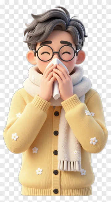 3D Young Man Sneezing In A Yellow Sweater PNG