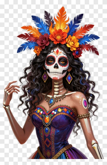 Colorful Sugar Skull Woman With Floral Headdress PNG