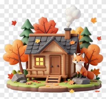 3D Fox Beside A Cozy Cabin In Autumn PNG