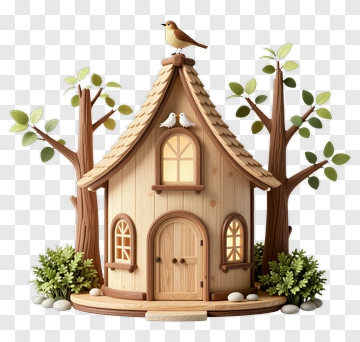 Wooden House Surrounded By Trees And A Bird PNG