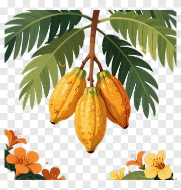 Cocoa Pods On Branch With Tropical Leaves PNG