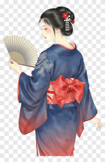 Woman In Kimono Holding A Fan PNG
