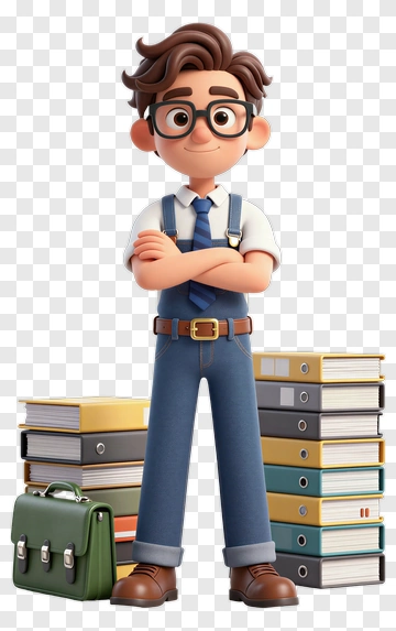 3D Student Standing Confidently Beside Stacked Books PNG