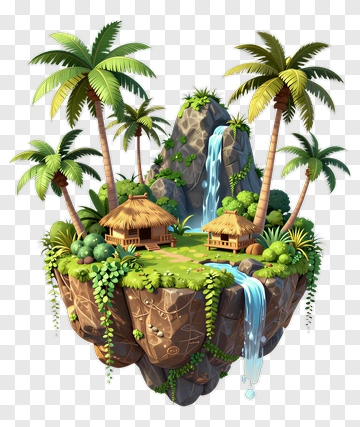 Tropical Island With Waterfall And Palm Trees PNG