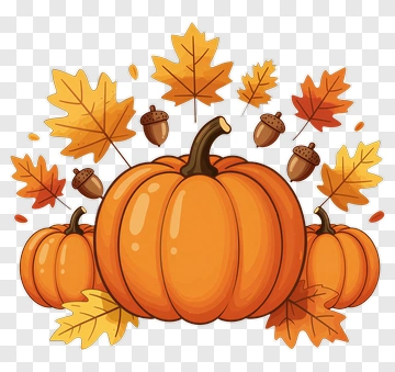 Halloween Pumpkins With Autumn Leaves And Acorns PNG